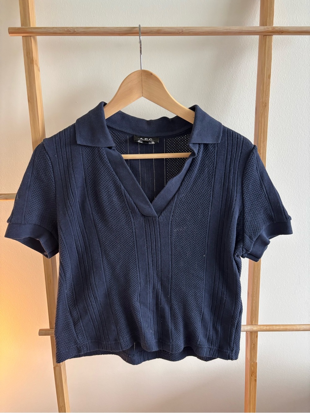 A.P.C. Navy Textured Knit Polo Crop Top